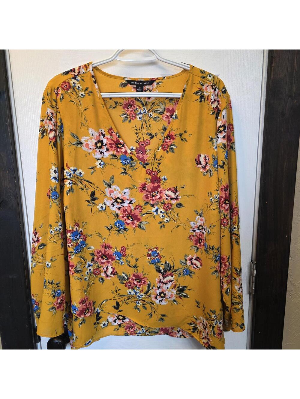 Zac & Rachel Woman 2X Mustard Yellow Floral Long Sleeve Blouse